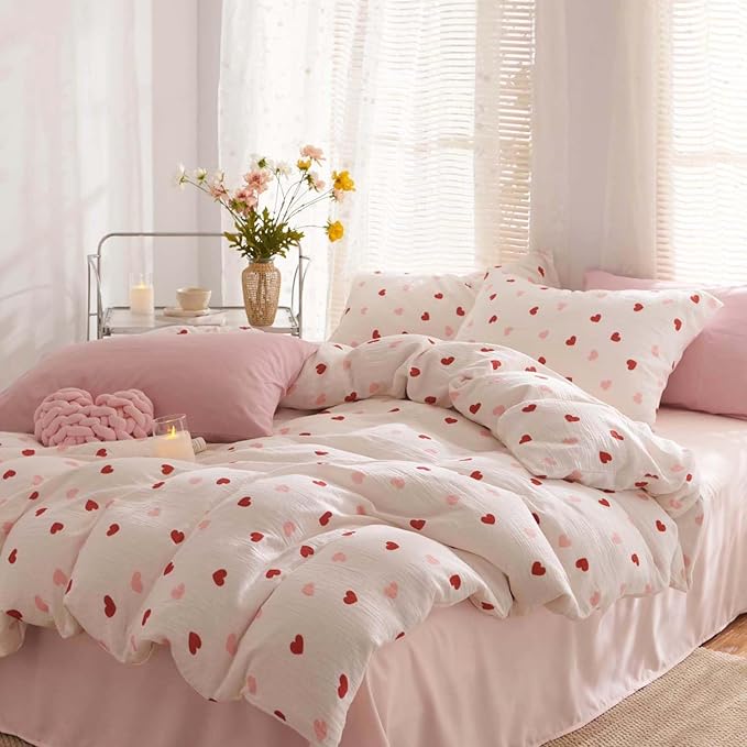 Nayoroom Heart Duvet Cover Full Size Red Pink Hearts Printed on White Coquette - Image 6