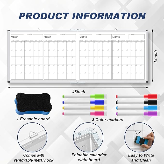 Lincia 48" x 18" Magnetic Horizontal 4 Month Dry Erase Calendar for Wall Undated Dry Erase Planner Aluminum Frame Whiteboard Calendar for Home School Office Projects Wall Fridge