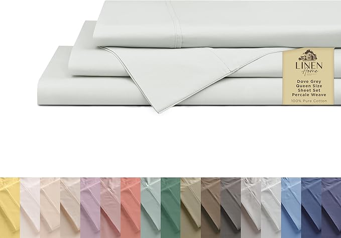 Linen Home 100% Cotton Percale Sheets Queen Size, Dove Grey, Deep Pocket by LINENHOME