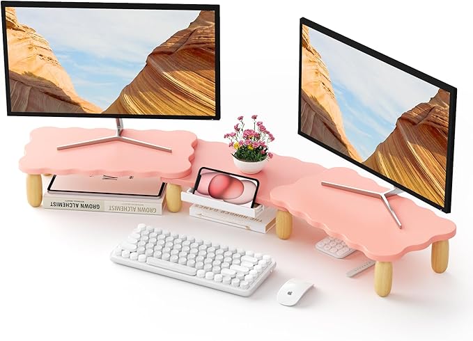 AFOOYO Dual Monitor Riser, Cookie-Shaped Adjustable Length & Swivel Angle, Wooden Desktop Organizer for 2 Monitors,Monitor Stand with Drawer for Laptop, PC, Computer, Printer,Pink