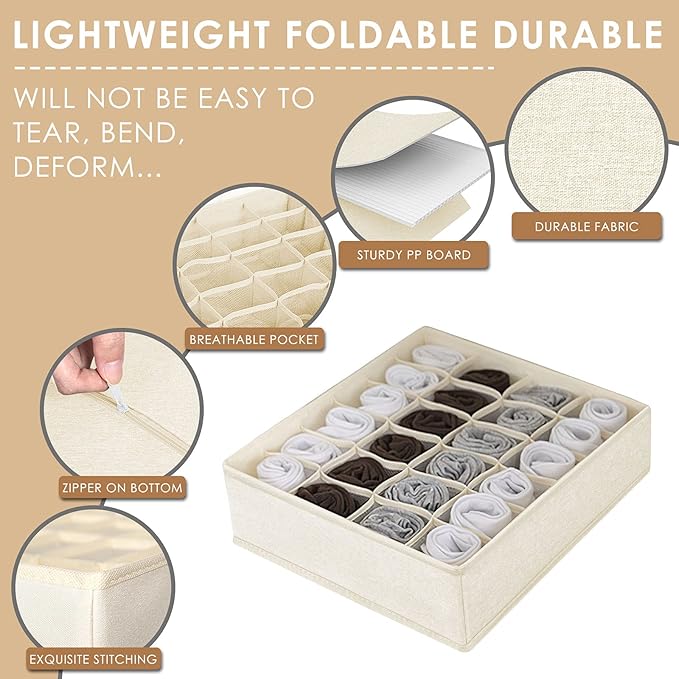 Criusia 3 Pack Sock Underwear Drawer Organizer Dividers, 64 Cell Fabric Foldable Cabinet Dresser Closet Organizers and Storage Boxes for Organizing Socks, Underwear, Ties (16+24+24 Cell, Beige)