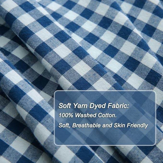 Silnuo Navy Blue/White Plaid Ruffle 3-Piece Duvet Cover Set King Size, Washed - Image 6