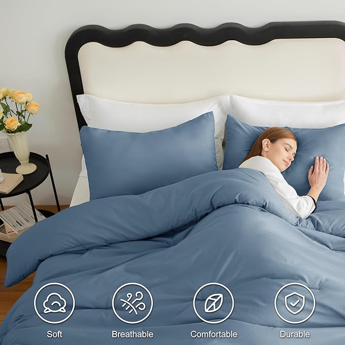 CozyLux Queen Comforter Set Grayish Blue, 3 Pieces Solid Comforters Queen Size - Image 5