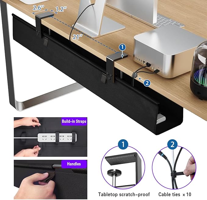 No Drill Under Desk Cable Management Tray, 36" Cord Organizer for Table, Clamp/Screw Mount Desk Cable Management, Premium Fabric Cable Management Tray for Office, Home（Black/2set）