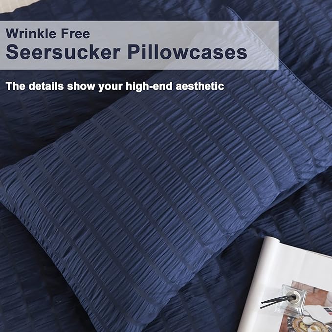 AveLom Navy Blue Duvet Cover King, 3 Pieces, Seersucker Textured Ultra Soft - Image 5