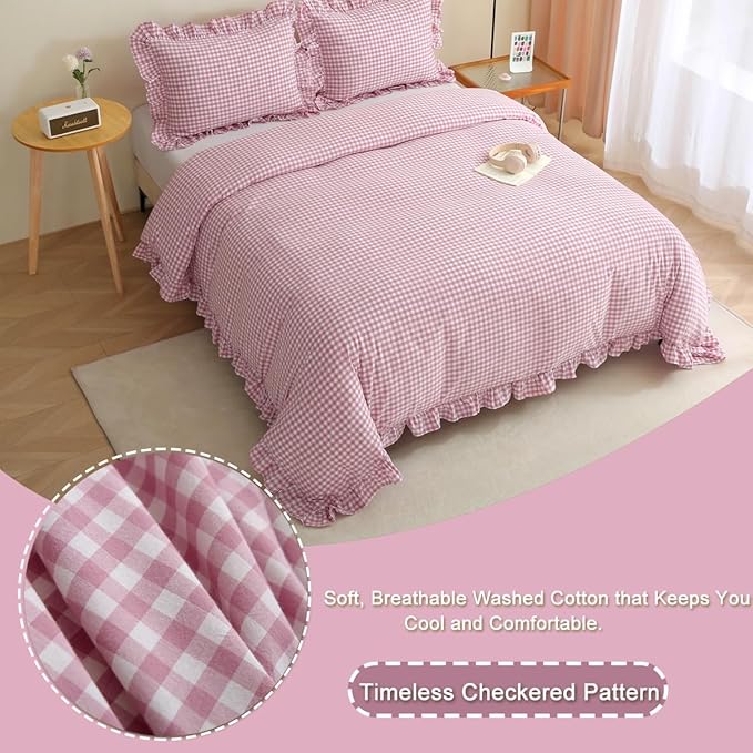 Silnuo Vintage Pink/White Plaid Ruffle 3-Piece Duvet Cover Set Queen Size - Image 2