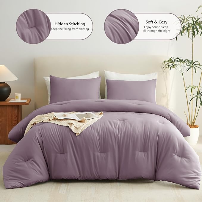 CozyLux King Size Comforter Set Dusty Purple, 3 Pieces Solid Comforters King - Image 2