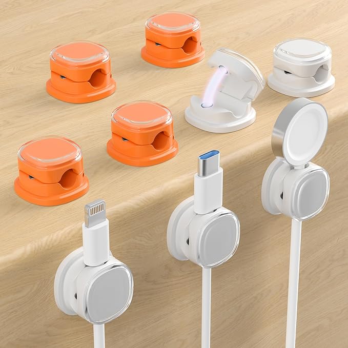 Magnetic Cable Clips, Adjustable Cord Holder Management, Adhesive Wire Keeper Organizer for Home Office Desk Phone PC Car Wall Desktop Nightstand Appliance (9-PCS White & Orange)
