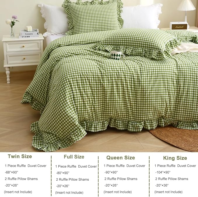 Silnuo Olive Green/White Checkered Ruffle 3-Piece Duvet Cover Set Queen Size - Image 4