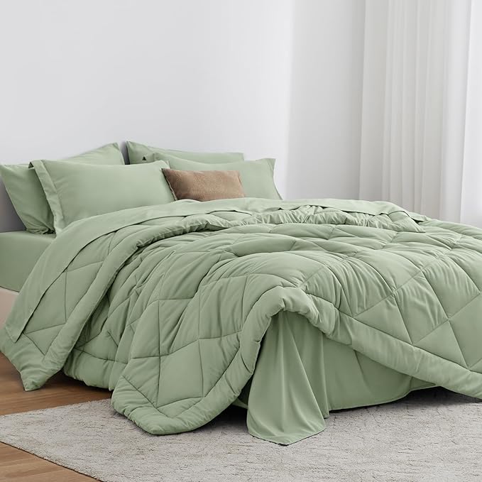 Love's cabin California King Comforter Set Sage, 7 Pieces California King Bed by Lovescabin