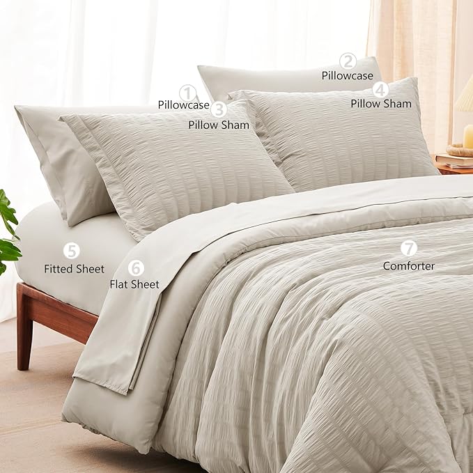 CozyLux Queen Comforter Set Beige Seersucker 7 Pieces Bed in a Bag Queen - Image 7