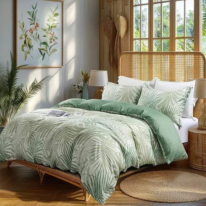 OAITE Duvet Cover King Size, Reversible Leaf Green Duvet Cover Set - Image 2