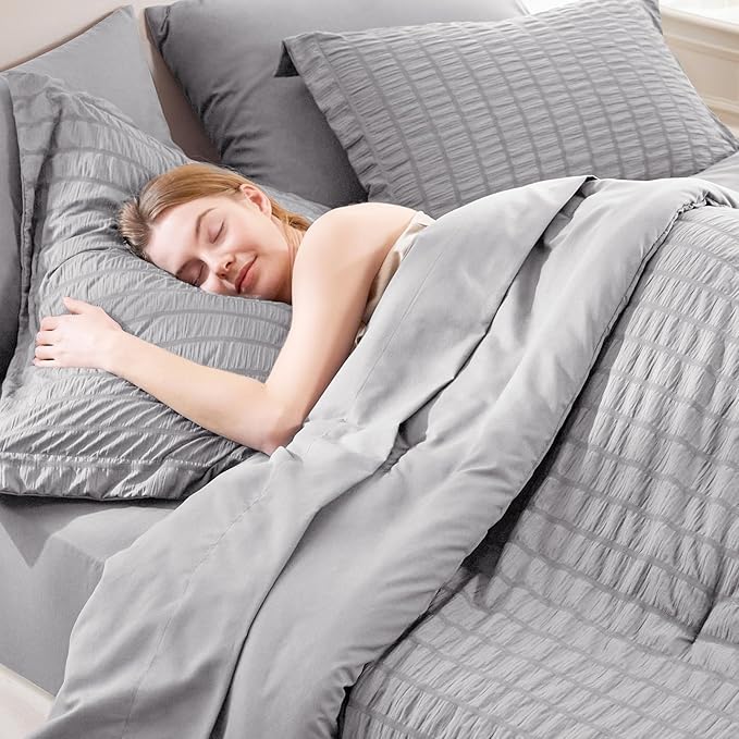 CozyLux Queen Comforter Set Grey Seersucker 7 Pieces Bed in a Bag Queen - Image 3