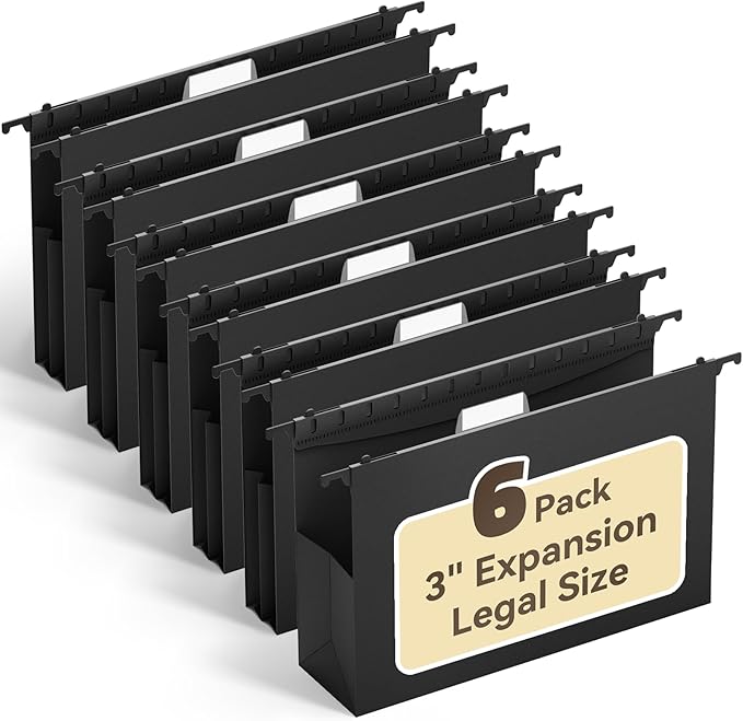 Ansook Hanging File Folders Legal Size,Heavy Duty 3" Expansion File Folder Hanging with 1/5 Tabs,6 Pack Extra Capacity File Cabinet Folders,Hanging File Organizer for File Frame & File Storage Box