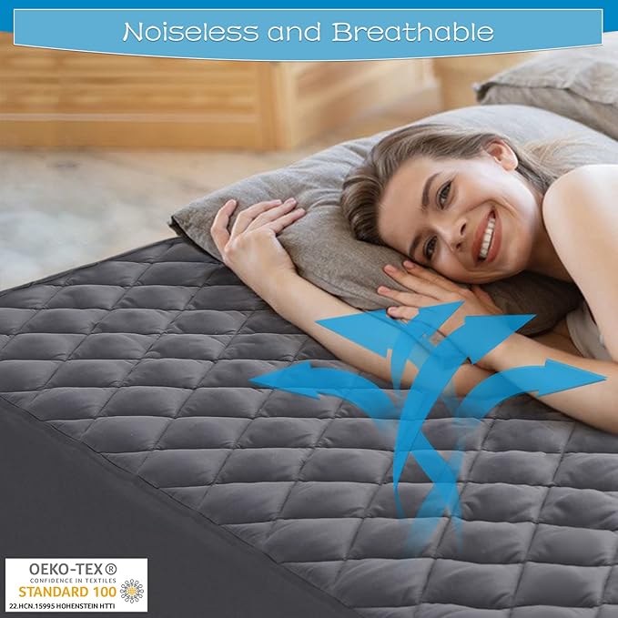 GRT Cal King Size Grey Quilted Fitted Mattress Pad, 100% Waterproof Breathable - Image 3
