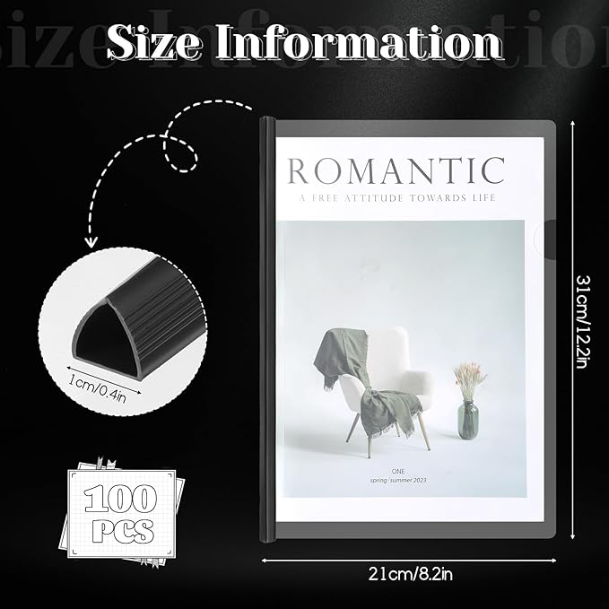 100 Pack Clear Report Covers with Sliding Bars, Presentation Folders for Letter Size 70 Sheet Capacity, Resume Folder Clear Folder, 5.5 Mil Thick, for File Resume Documents, Black