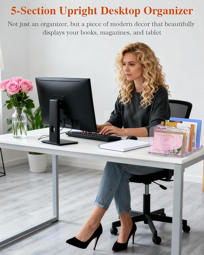COWVTUJ Adjustable Rose File Organizer for Desk, Vertical File Folder Holders for Magazines, Upright Desktop Binder Organizer, Clear Paper Bookshelf Divider File Sorter for School Office Supplies