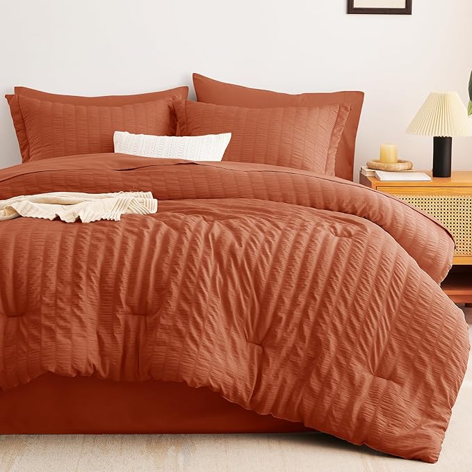 CozyLux King Size Comforter Set Burnt Orange Seersucker 7 Pieces Bed in a Bag - Image 9