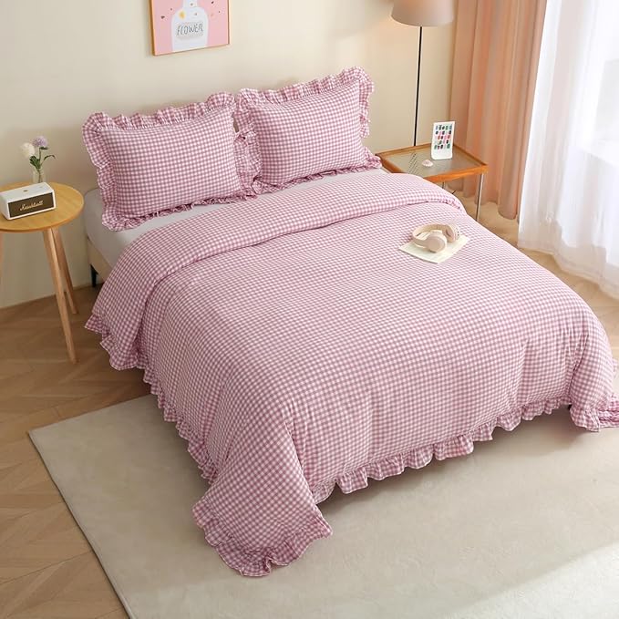 Silnuo Vintage Pink/White Plaid Ruffle 3-Piece Duvet Cover Set King Size - Image 7