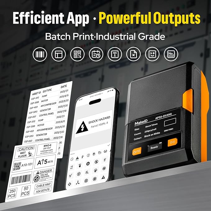 MakeID EP53 Label Maker with Hard Case, Portable Industrial 2" Print Head Bluetooth Label Printer, Mobile APP & PC Editor Compatible, 2000mAh Li-ion Battery, Come with 3 Label Cartridges for Job Sites