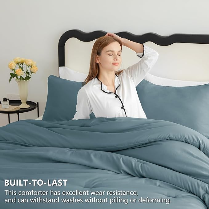 CozyLux Queen Comforter Set Mineral Blue, 3 Pieces Solid Comforters Queen Size - Image 3