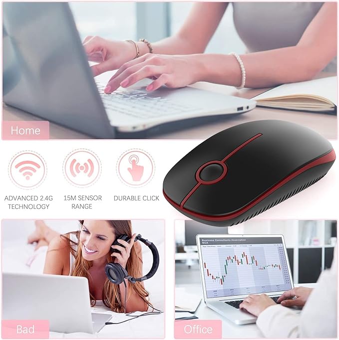 VssoPlor Wireless Mouse, 2.4G Slim Portable Quiet Computer Mice with Nano Receiver for Notebook, PC, Laptop, Computer-Black and Wine Red