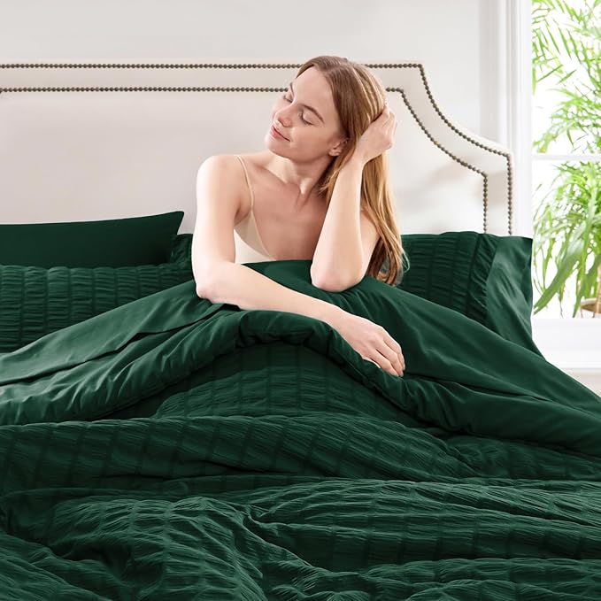 CozyLux King Size Comforter Set Emerald Green Seersucker 7 Pieces Bed in a Bag - Image 8