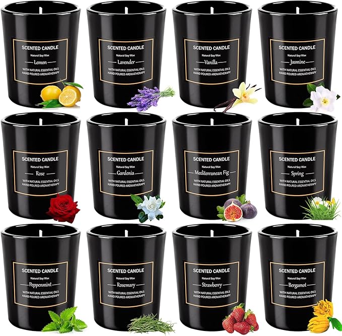 12 Pack Scented Black Candles Gift Set, Natural Soy Wax Aromatherapy Candles - Image 3