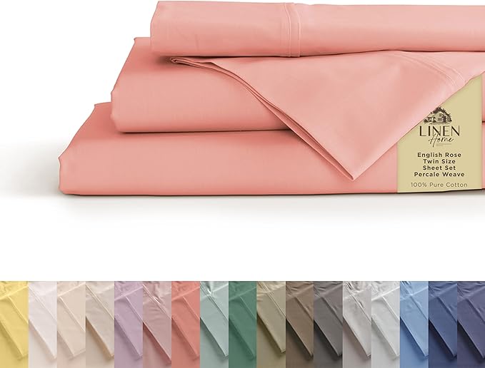 Linen Home 100% Cotton Percale Sheets Twin Size, English Rose, Deep Pocket by LINENHOME