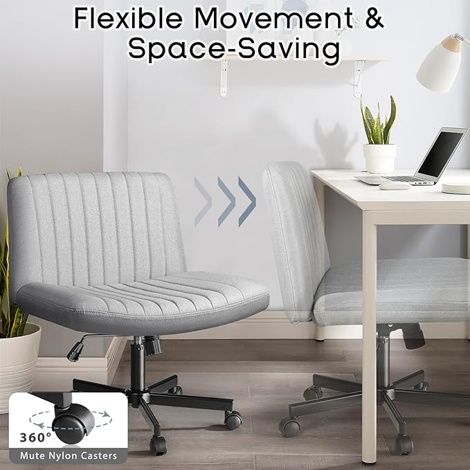 PUKAMI Criss Cross Chair with Wheels,Fabric Padded Armless Cross Legged Office Desk Chair for Home Office,Modern Swivel Height Adjustable Wide Seat (Grey)
