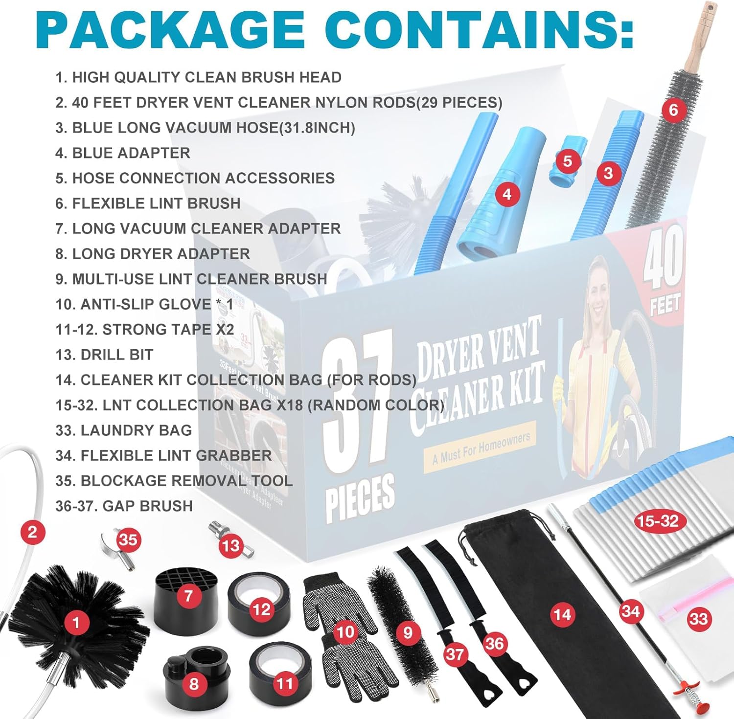 Sealegend 47-Piece 40-Feet Dryer Vent Cleaner Kit, Dryer Cleaning Tools, Omnidirectional Dryer Lint Vacuum Attachment, Dryer Vent Brush, Universal Vacuum & Dryer Adapters (Blue)