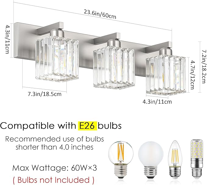 Aipsun Brushed Nickel Vanity Light Bathroom Lighting Fixtures 3 Light Crystal - Image 6