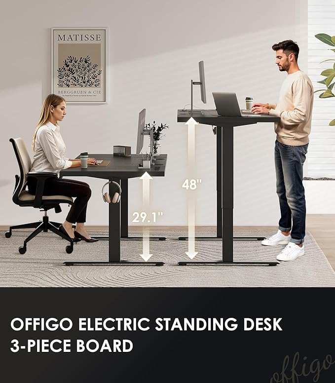 OffiGo 71 Inch Executive Electric Standing Desk, Height Adjustable Desk with Power Outlet & 1.38" Thick 3-Piece Desktop, Sit Stand Computer Desk for Home, Office, Conference Room, Black