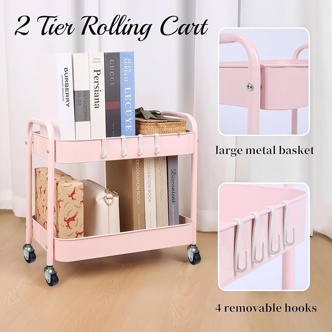Ufriandz Pink 2 Tier Rolling Cart Metal with Wheels Under Desk Storage Cart for Small Space Organization, Small Trolley for Pantry Room Laundry Bathroom Kitchen Office Art Snack Baby Supplies