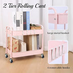 Ufriandz Pink 2 Tier Rolling Cart Metal with Wheels Under Desk Storage Cart for Small Space Organization, Small Trolley for Pantry Room Laundry Bathroom Kitchen Office Art Snack Baby Supplies