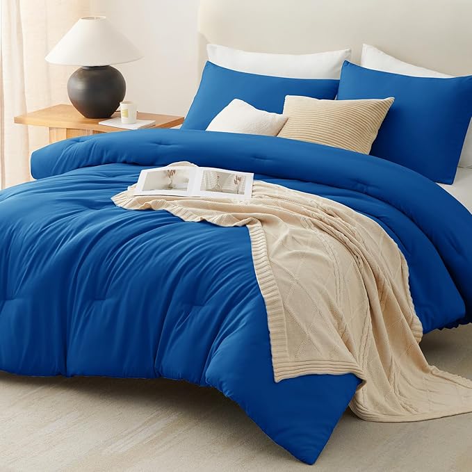 CozyLux Full Size Comforter Set Classic Blue, 3 Pieces Solid Breathable Quilted - Image 9