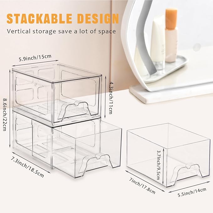 Stebopum 6 Pack Stackable Makeup Organizer, 4.4'' Tall Acrylic Bathroom Makeup Organizer and Storage Drawer with Pull-out Handle, Clear Plastic Storage Bins for Vanity,Pantry,Desk,Undersink,Kitchen