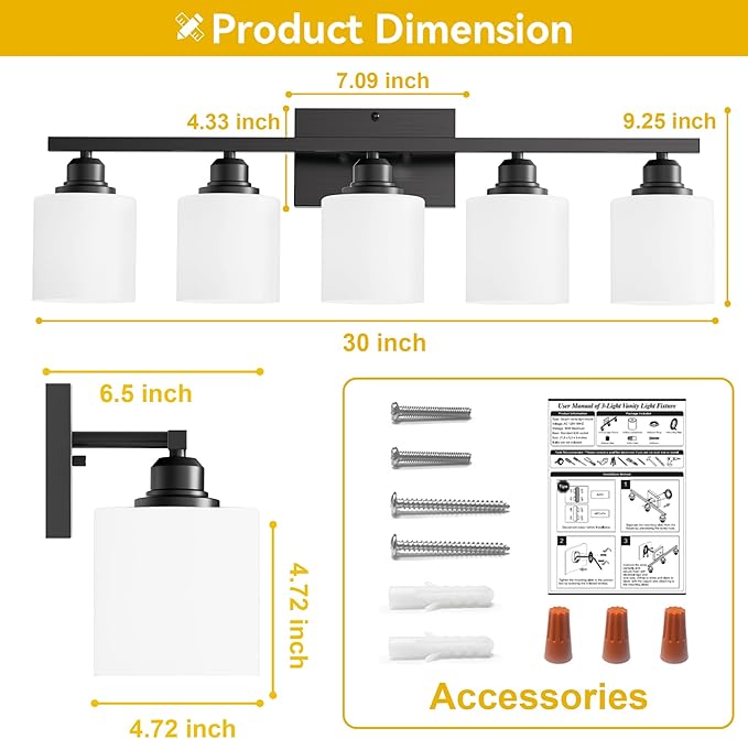 Sailstar 5-Light Bathroom Light Fixtures Over Mirror, Matte Black Vanity Lights - Image 6