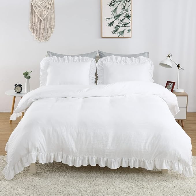 CAROMIO White Ruffle Duvet Cover Queen Size, 90x90 in - Image 2