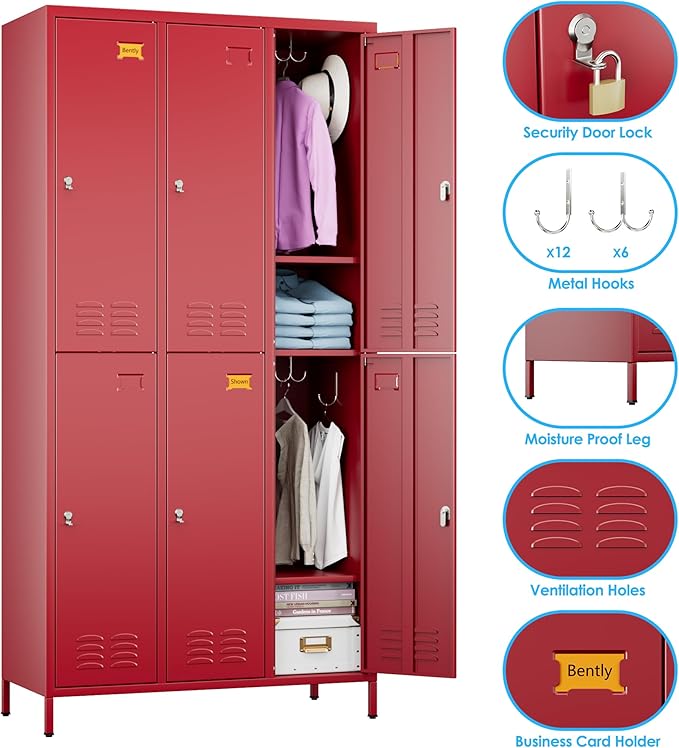 SUPEER 6 Doors Metal Locker Employee with Business Card Holder and 18 Hooks,Metal Locker for Employees with Ventilation Holes for Office Garage Gym Home,Assembly Required,Red