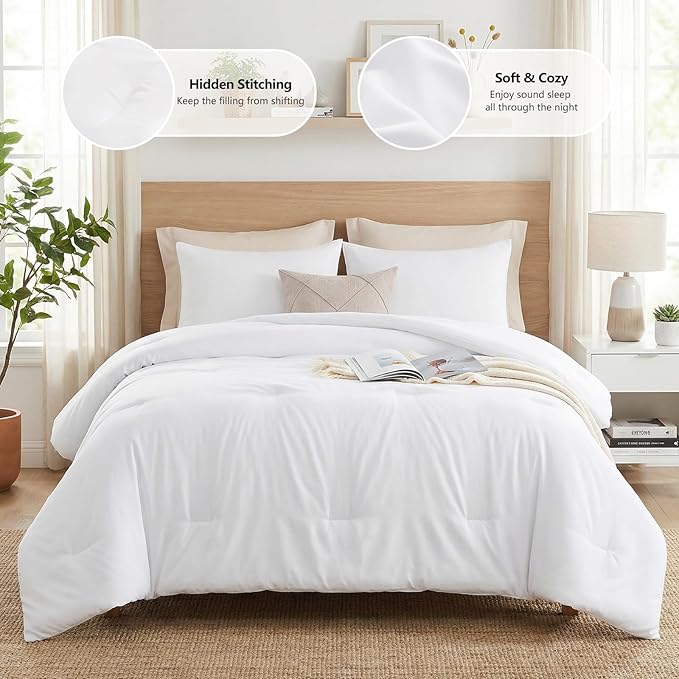 CozyLux Oversized Queen Comforter Set White, 3 Pieces 98x98 Solid Breathable - Image 2