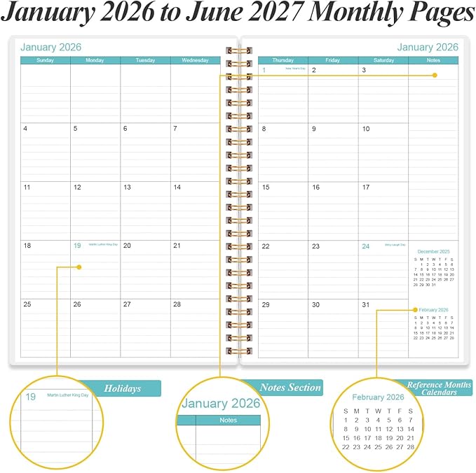 2026-2027 Planner - 18 Months Weekly & Monthly Planner from January 2026 - June 2027, Spiral Planners 2026-2027 with Elastic Closure, Inner Pocket, Medium 5.8" x 8.3", Rose Leaf