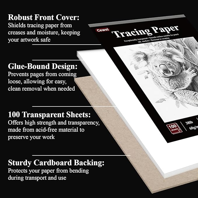 Tracing Paper for Drawing, 8.5”x11 Trace Paper, 100 Sheets (38 lb/ 60 GSM) Translucent Vellum Paper, Tracing Paper Pad for Sketching, Drawing, Overlaying Images, Vellum Art Papers.