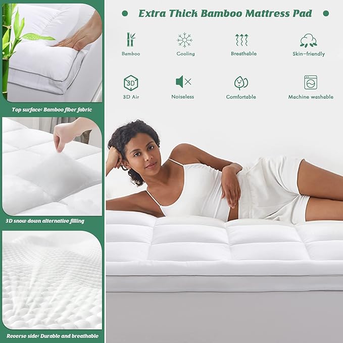 GRT Pillowtop Mattress Topper King Size, Rayon from Bamboo Mattress Cover Padded - Image 2