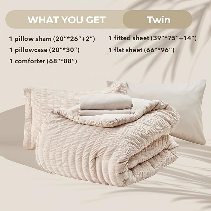 HYMOKEGE Beige Twin Comforter Set Seersucker 5 Pieces, All Season Luxury Bed in - Image 6