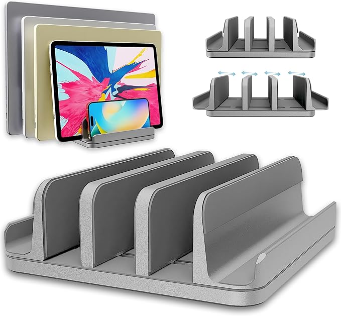 TEFONIA Vertical Laptop Stand Holder 5 Slots, Aluminum Space-Saving Laptop Holder, Adjustable Size Dock Tabletop Desk Organizer 3 Slot + 2 for Apple MacBook/Surface/PC/Tablet/iPad/iPhone (Space Gray)