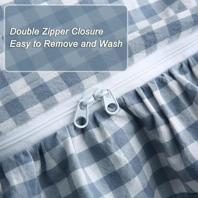 Silnuo Light Blue/White Plaid Ruffle Duvet Cover King Size, 100% Washed Cotton - Image 4