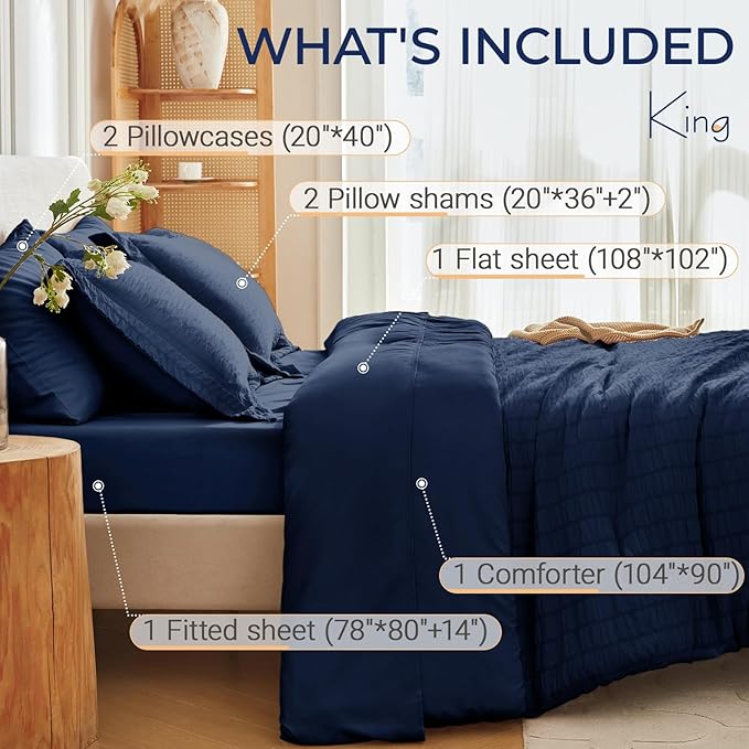 MUXHOMO 7 Pieces King Comforter Set, Seersucker Bed in a Bag King Size - Image 4