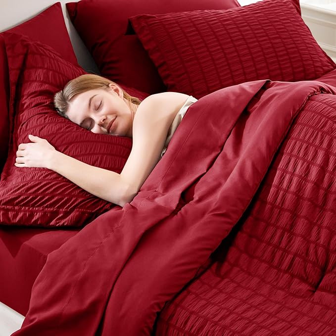 CozyLux King Size Comforter Set Dark Red Seersucker 7 Pieces Bed in a Bag King - Image 5