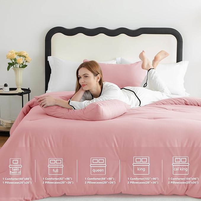CozyLux King Size Comforter Set Pink, 3 Pieces Solid Comforters King Size - Image 6